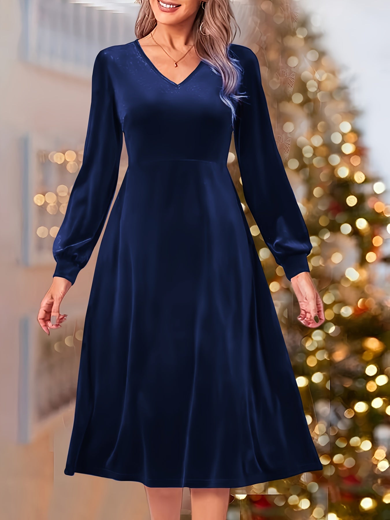 Velvet Long Sleeve V Neck Dress