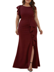 Bodycon Mermaid Maxi Dress Women's Plus Ruffle Sleeve Evening Dress