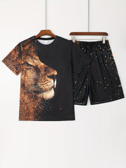 Totem Pattern Men's 2-Piece Outfit: T-shirt & Drawstring Shorts Set