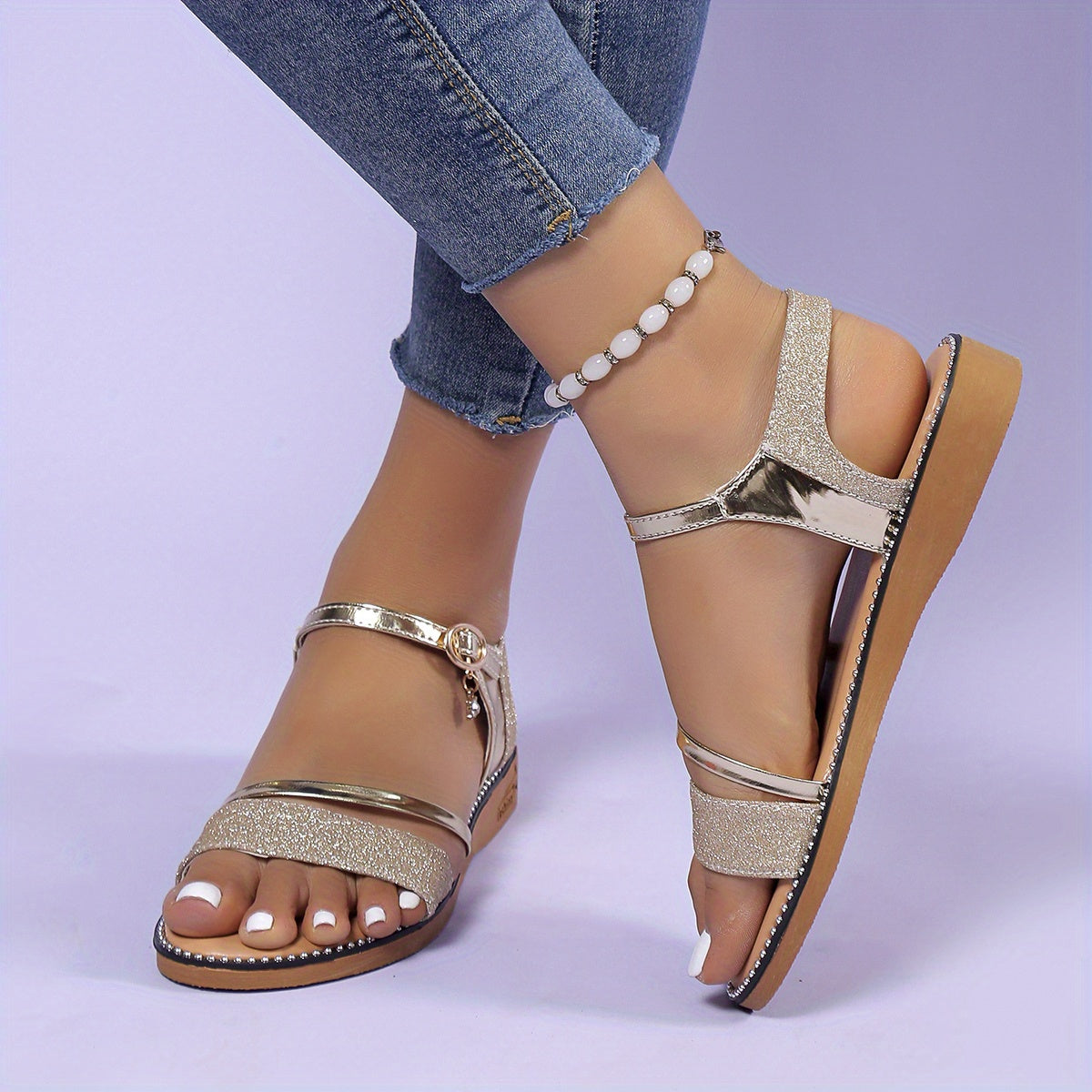 Women's Glitter Flat Sandals Ankle Strap Slingback Shoes