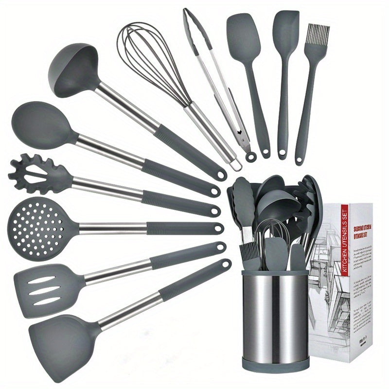 12pcs Silicone Kitchen Utensil Set With Stainless Steel Handle
