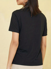 V Neck Cut Out Shoulder Tee Letter Print Short Sleeve Casual Sports T shirts