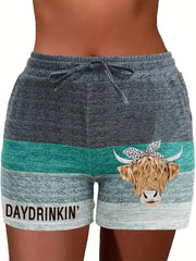 Cow Head Print Casual Drawstring Comfy Shorts