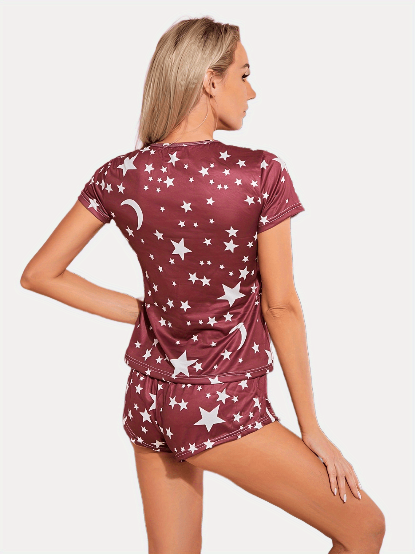 Star Print Pajama Set Short Sleeve Crew Neck Top & Elastic Waistband Shorts