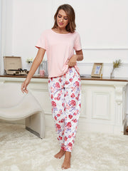 Floral Print Pajamas Set Short Sleeve Top & Lounge Pants