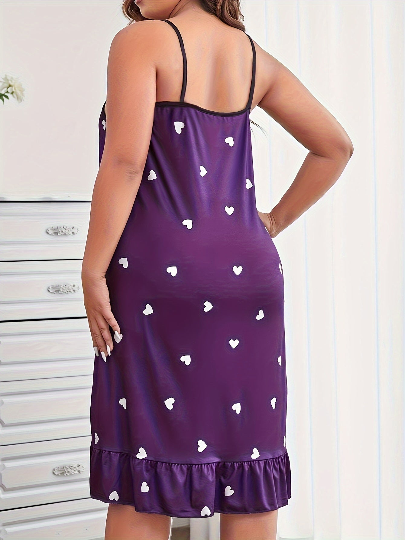 Heart Print Ruffle Trim Cami Sleep Dress