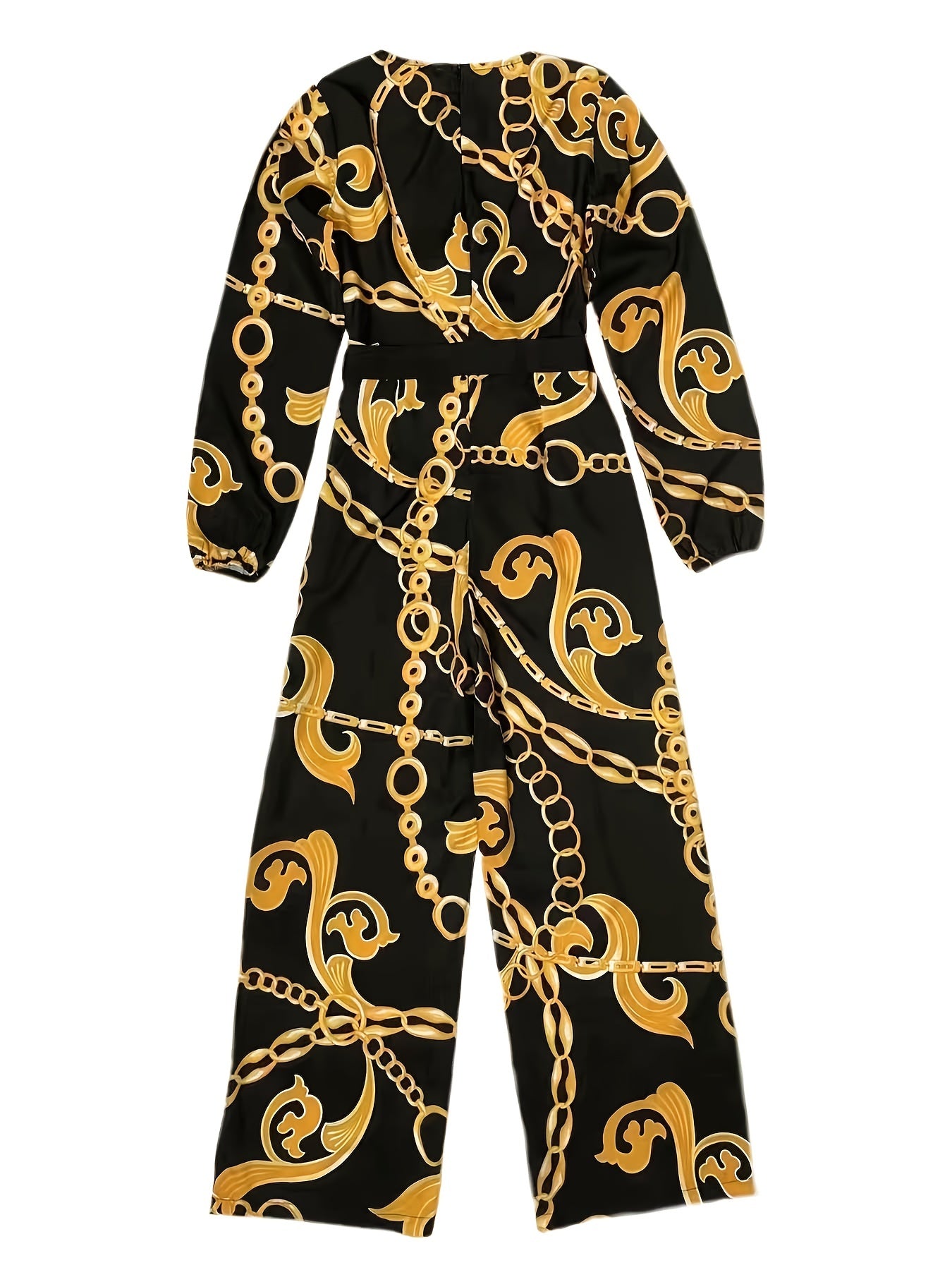 Chain Print Belted Wide Leg Jumpsuit Long Sleeve V-Neck