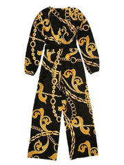 Chain Print Belted Wide Leg Jumpsuit Long Sleeve V-Neck