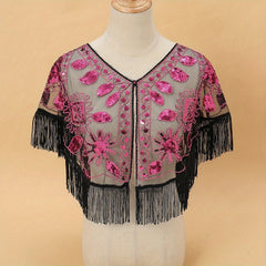 Vintage Sequin Embroidered Shawl 1920s Tassel Wrap Mesh Cape