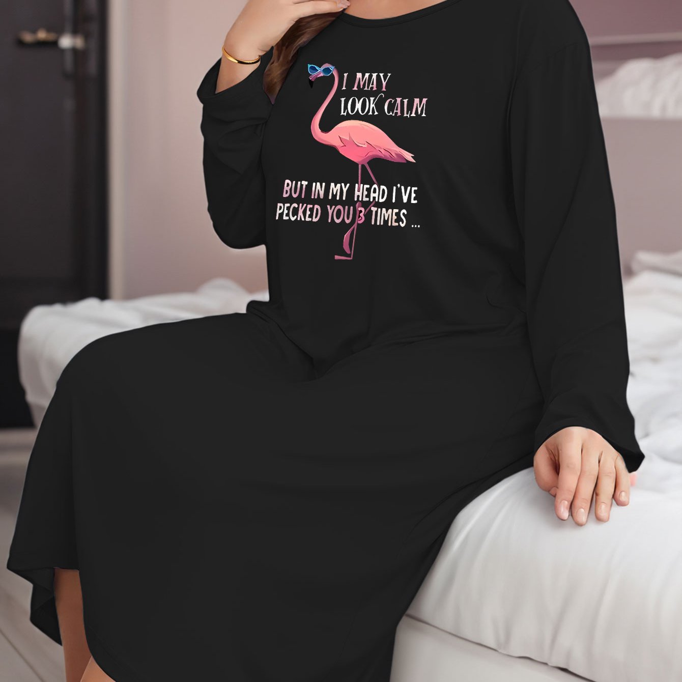 Flamingo & Slogan Print Long Sleeve Lounge Dress