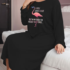 Flamingo & Slogan Print Long Sleeve Lounge Dress