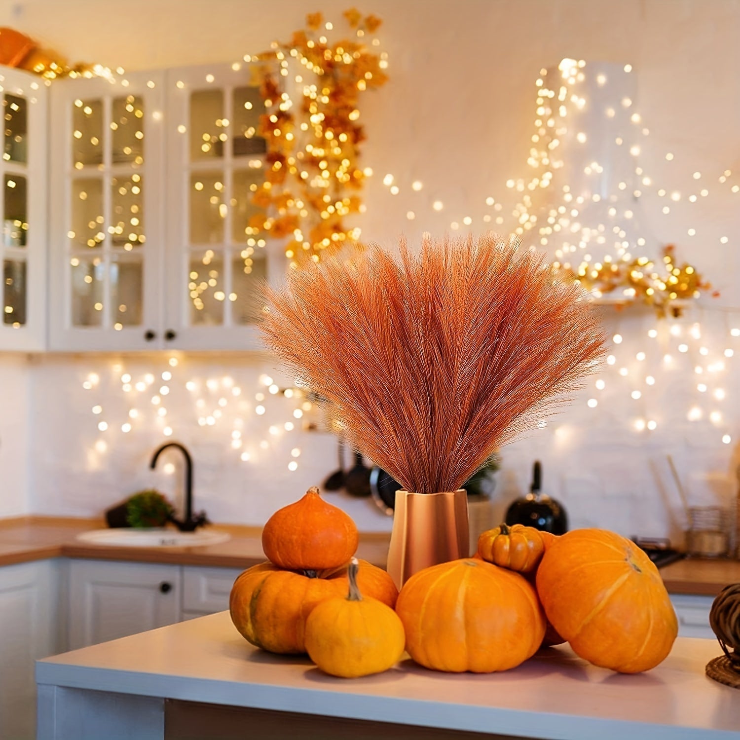 6pcs Orange Pampas Grass Decor Faux Burnt Orange Fall Boho Wedding