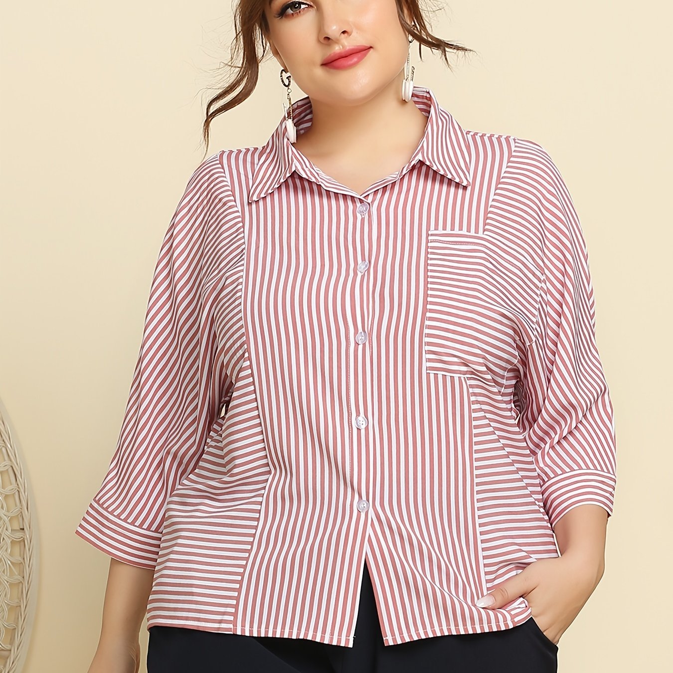 Striped Print Long Sleeve Shirt Women's Plus Button Front