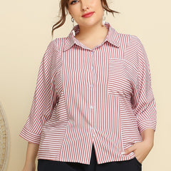 Striped Print Long Sleeve Shirt Women's Plus Button Front