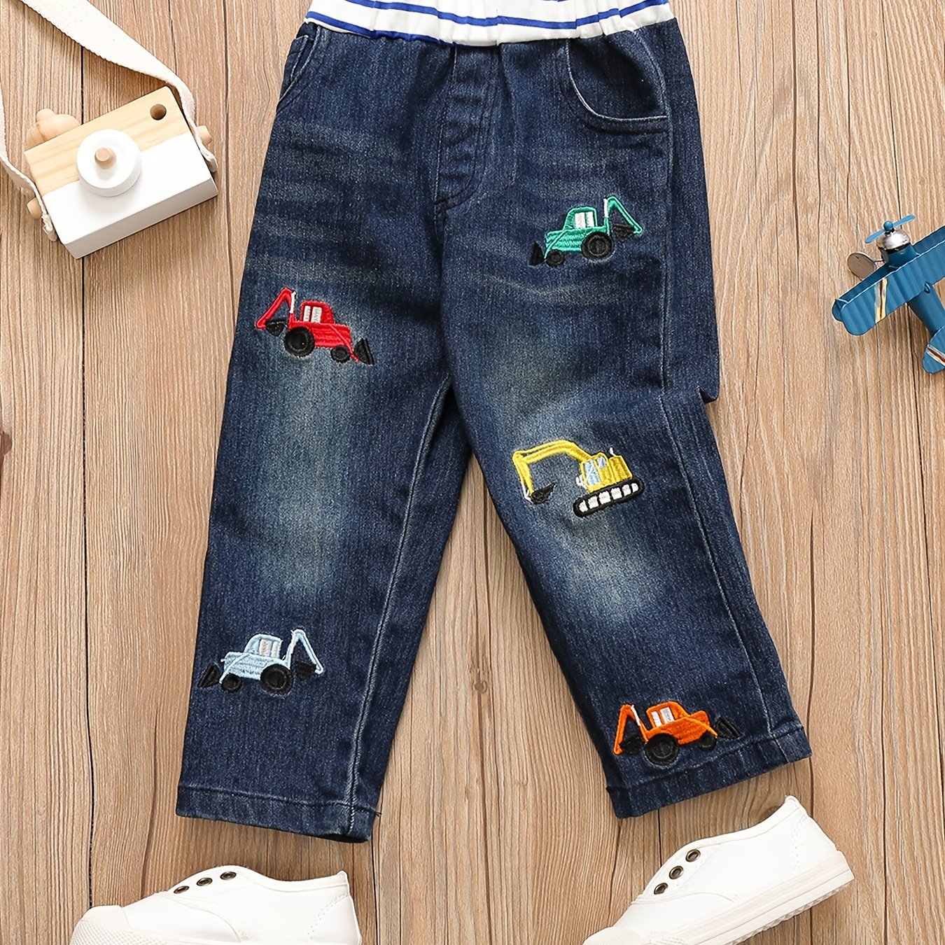 Boys Excavator Embroidered Denim Pants - Spring/Autumn