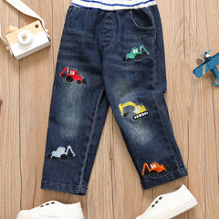 Boys Excavator Embroidered Denim Pants - Spring/Autumn
