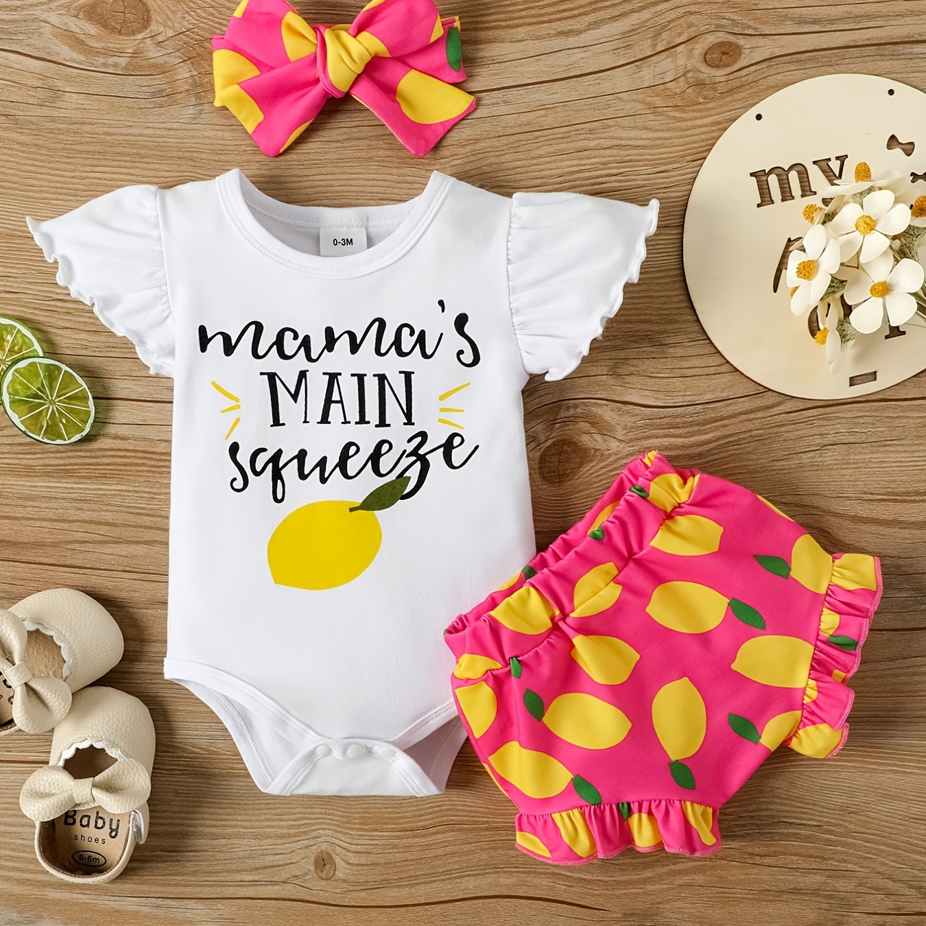 3pc Baby Girls Lemon Print Onesie & Shorts & Headband Set