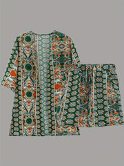 Paisley Print 2pc Set Tribal Kimono & Shorts