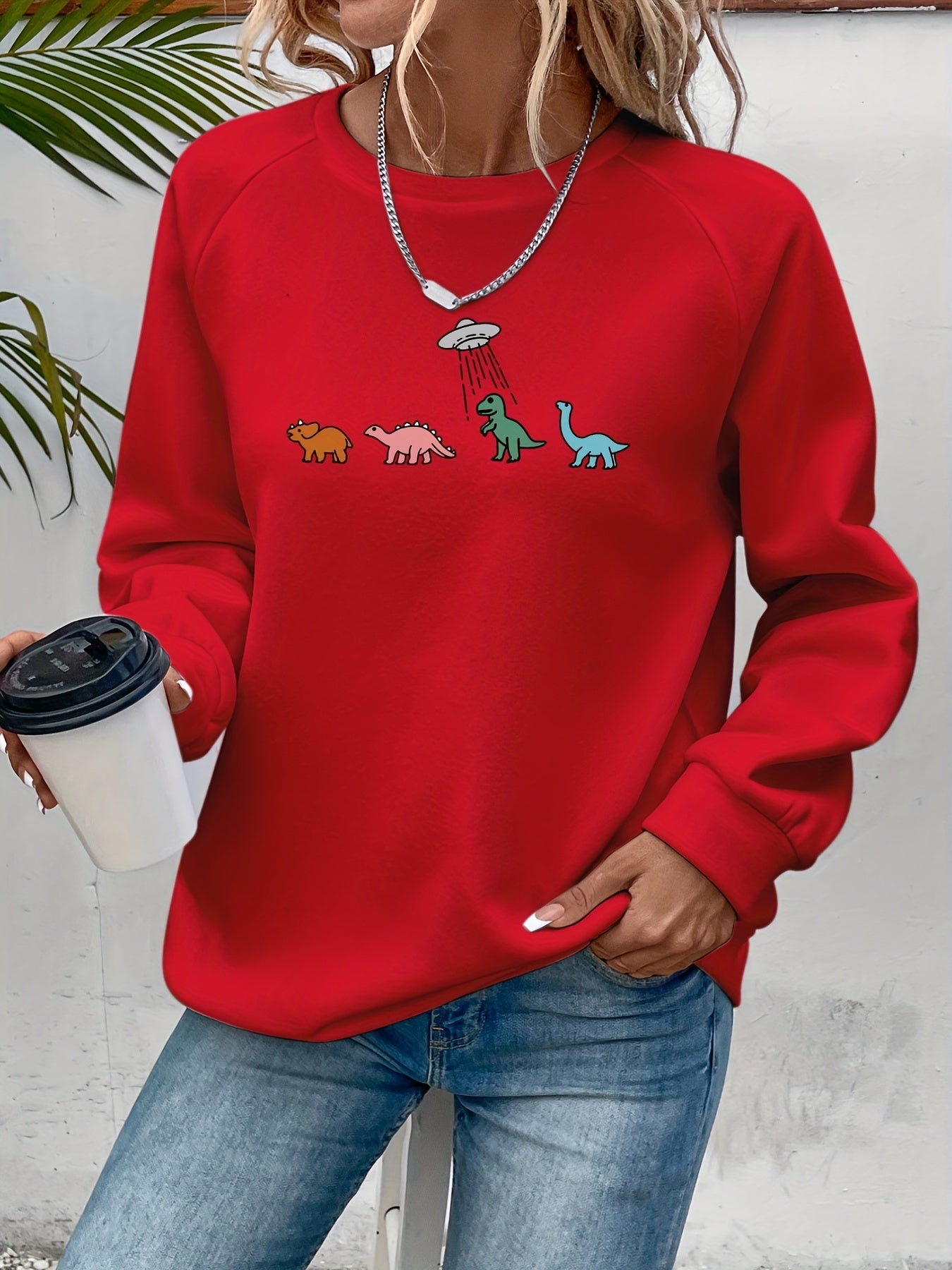 Dino Print Crew Neck Sweatshirt Women's S/F