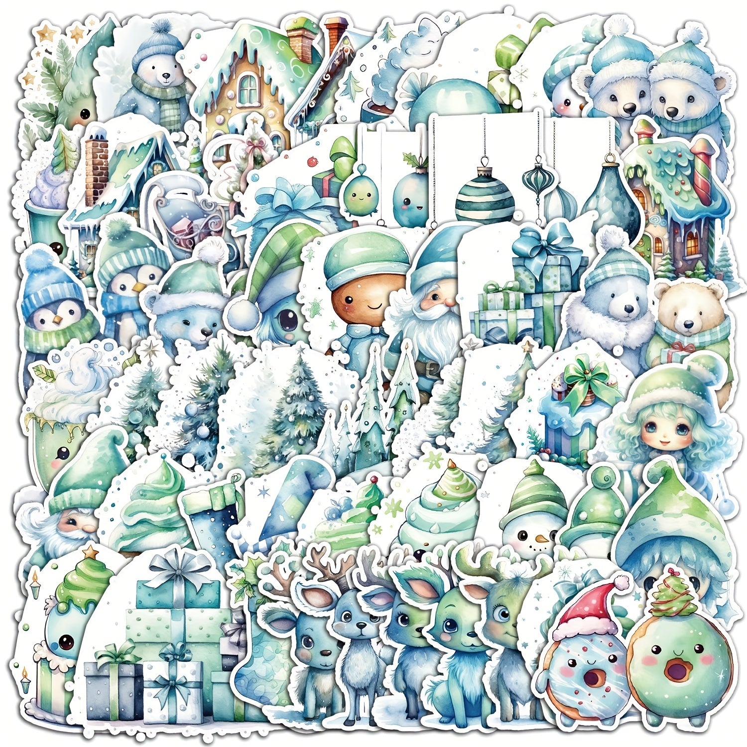 50pcs Green Christmas Series Graffiti Stickers Waterproof DIY Handbook Stickers