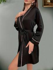 Long Sleeve V Neck Satin Night Robe with Belt
