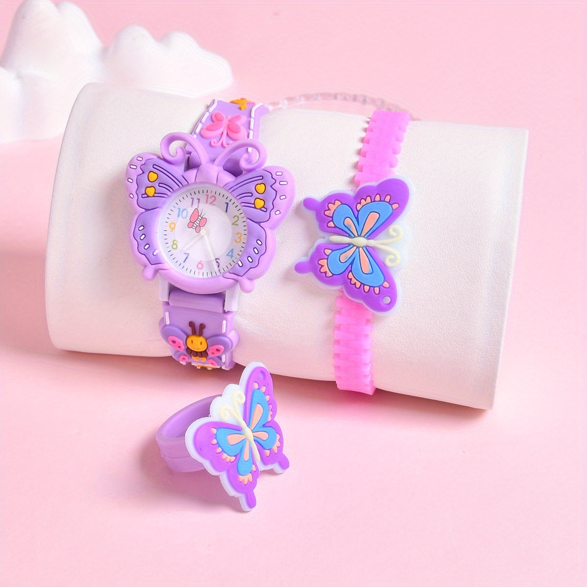 3pcs 3D Cartoon Butterfly Silicone Strap Girls' Watch