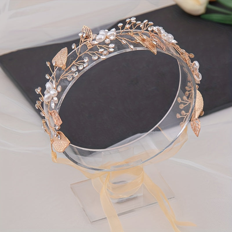 Faux Pearl Crystal Leaf Headband Golden Wreath Hair Accessories