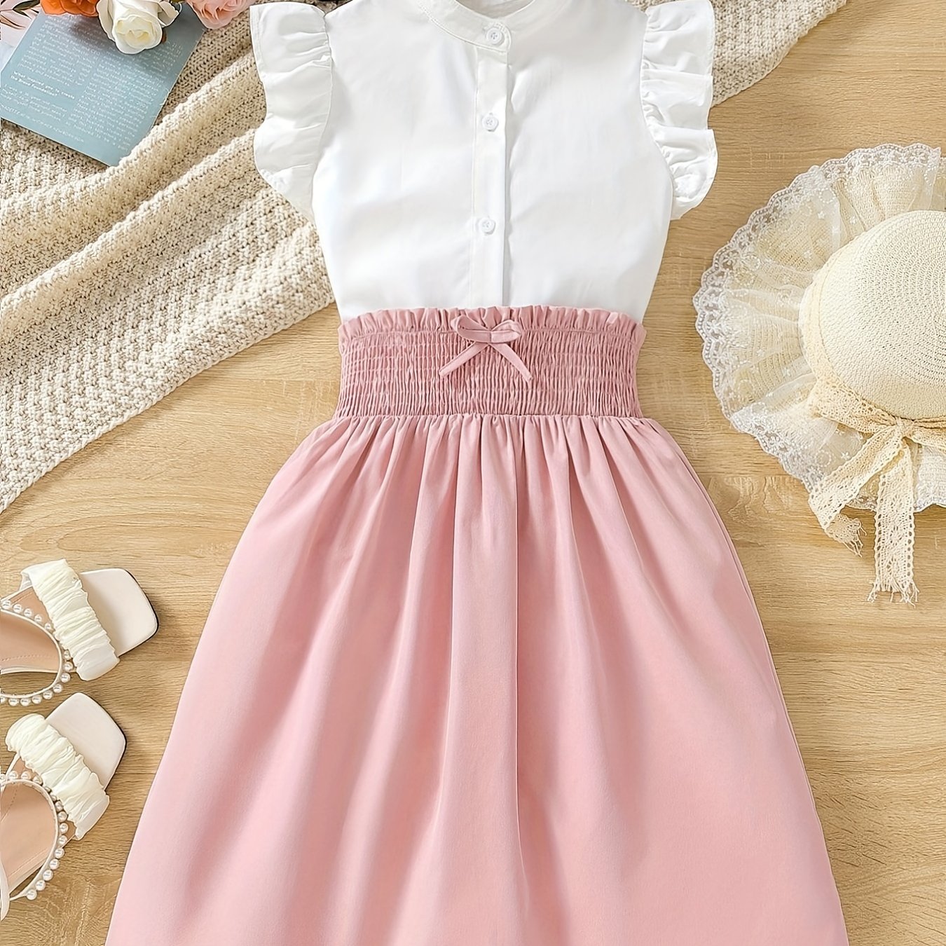 Girl's 2pcs Sleeveless Shirt & A line Skirt Set for Spring Summer
