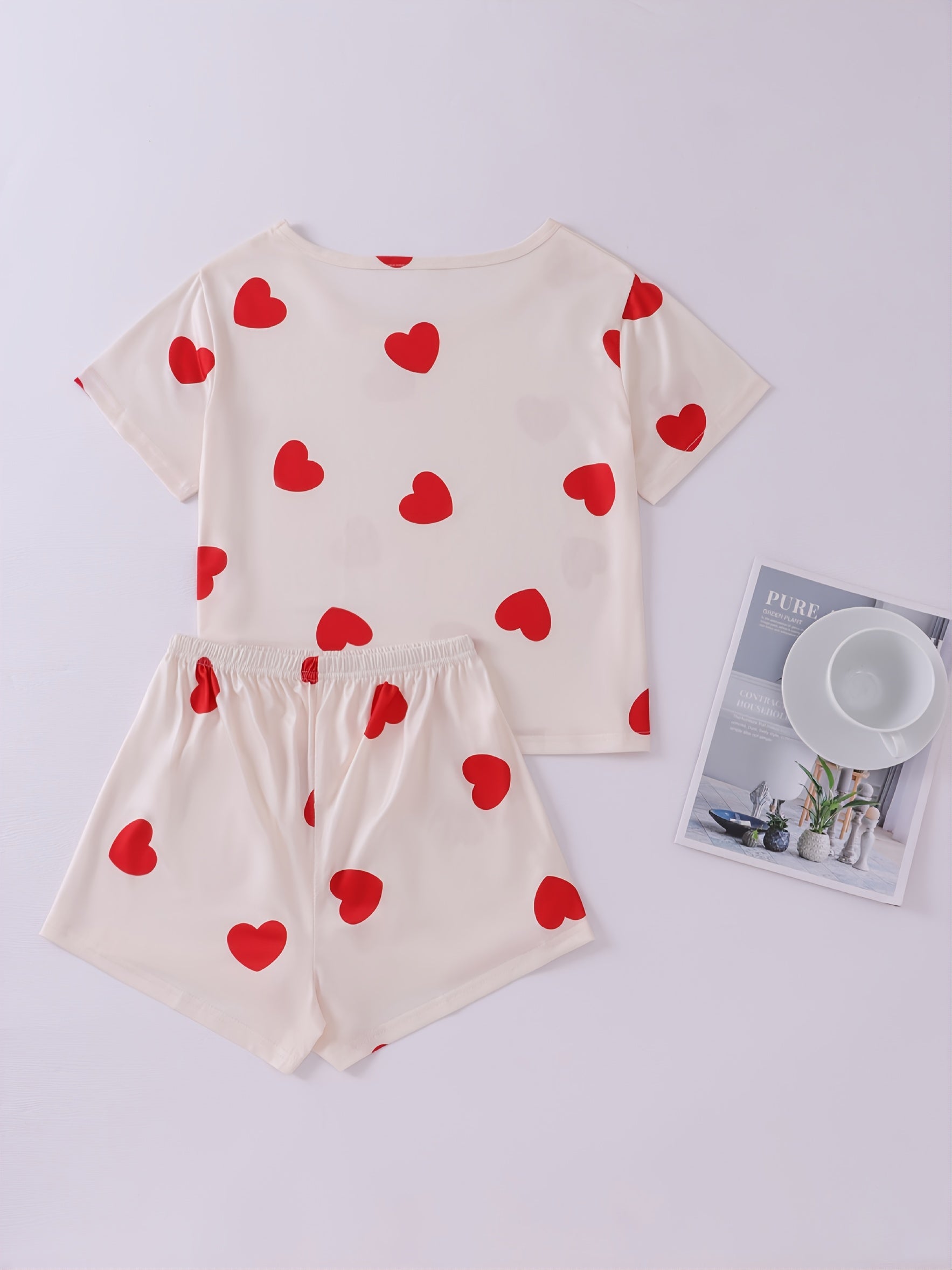 Heart Print Short Sleeve Pajama Set for Women