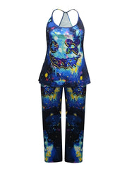 Gothic Halloween Outfit Set Women's Skull Print Cami Top & Tie Pants