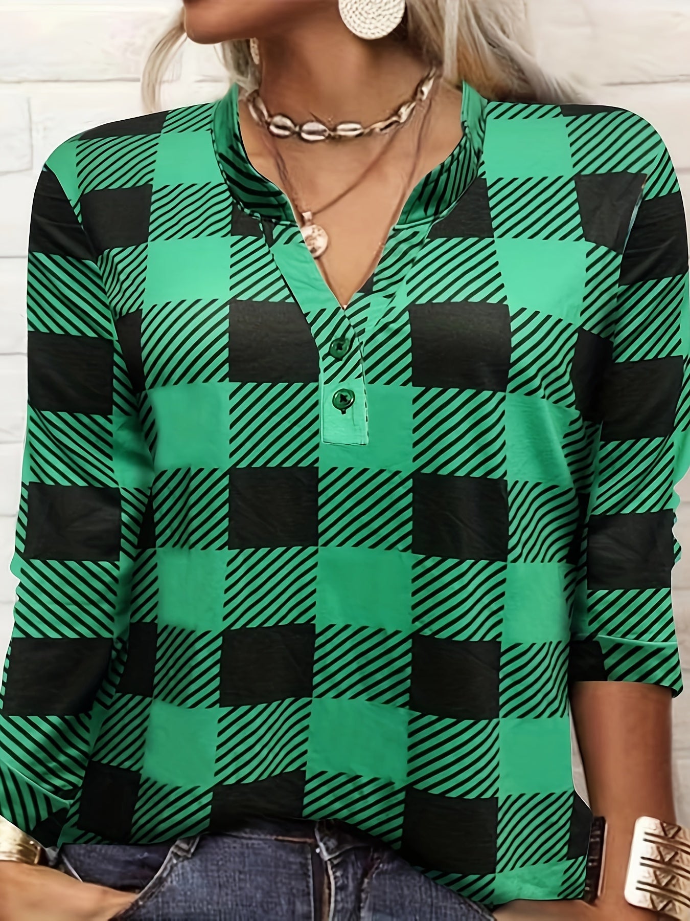 Gingham Print Button Long Sleeve Blouse