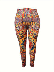 Plus Size Boho Leggings Women's Plus Tribal Print High Rise Leggings