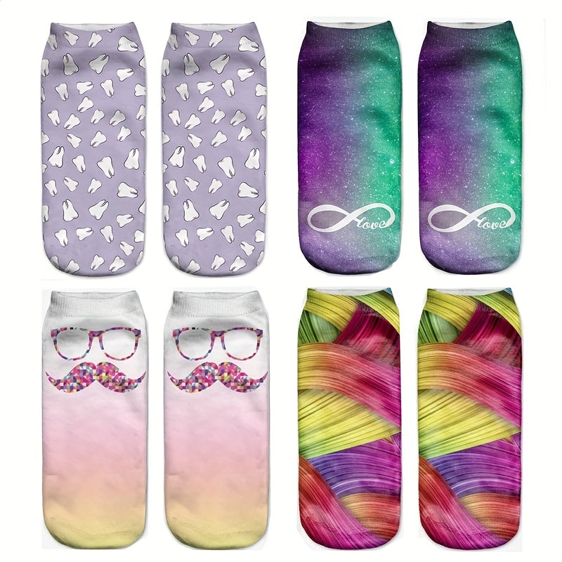 4 Pairs 3D Print Low Cut Socks Soft Lightweight Women's Stockings