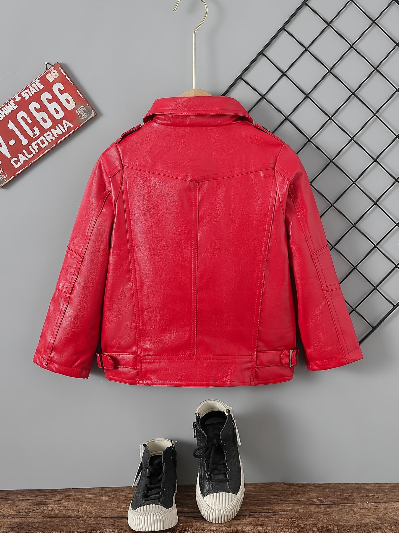 Kids Lapel PU Leather Jacket Zipper Coat Boys Girls Top