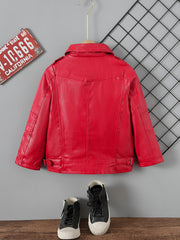 Kids Lapel PU Leather Jacket Zipper Coat Boys Girls Top