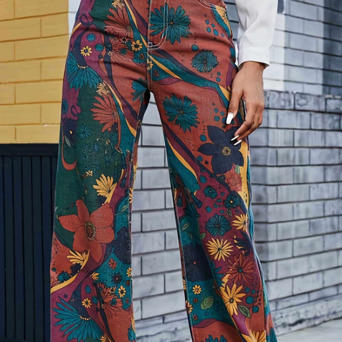 Vintage Block Denim Pants High Rise Loose Wide Leg Jeans
