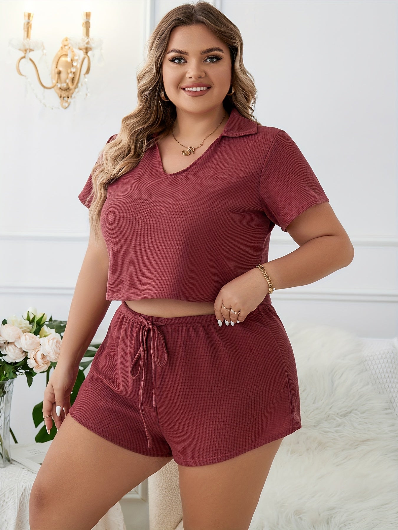 Solid Waffle Knit Crop Top & Shorts Pajama Set