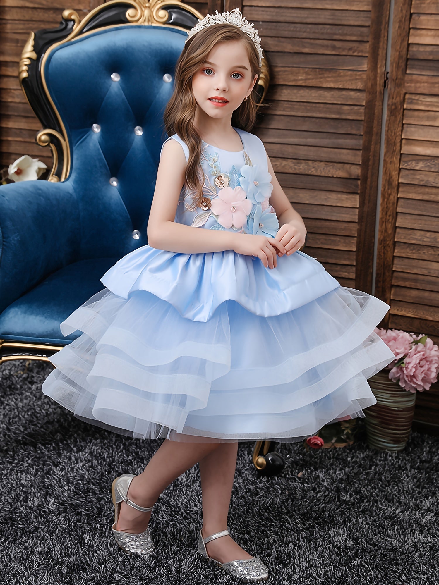 Girls Sleeveless Puffy Princess Dress Flowers Mesh Tutu Dress