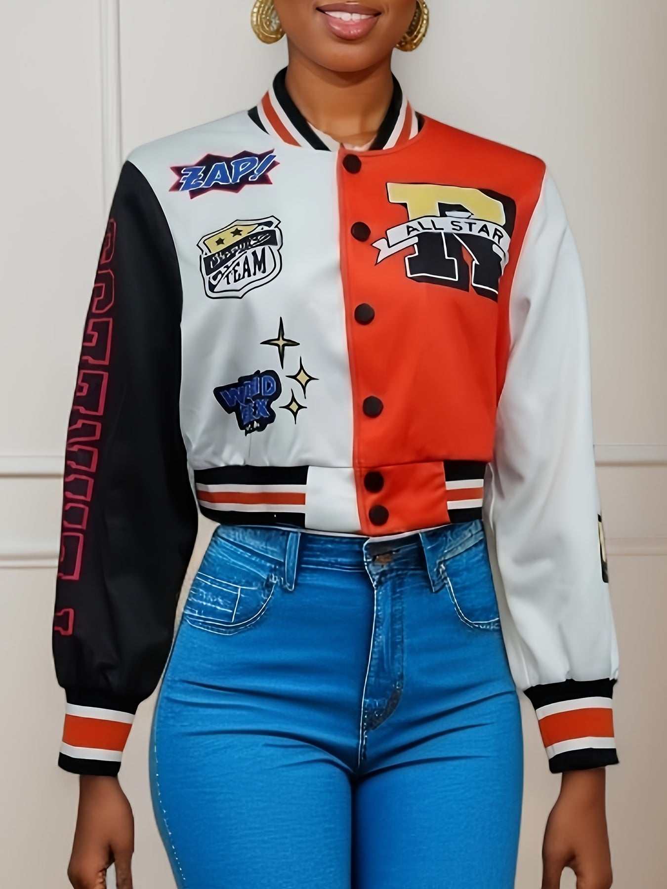Button Front Varsity Jacket Casual Long Sleeve Baseball Neck Outerwear