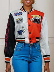 Button Front Varsity Jacket Casual Long Sleeve Baseball Neck Outerwear