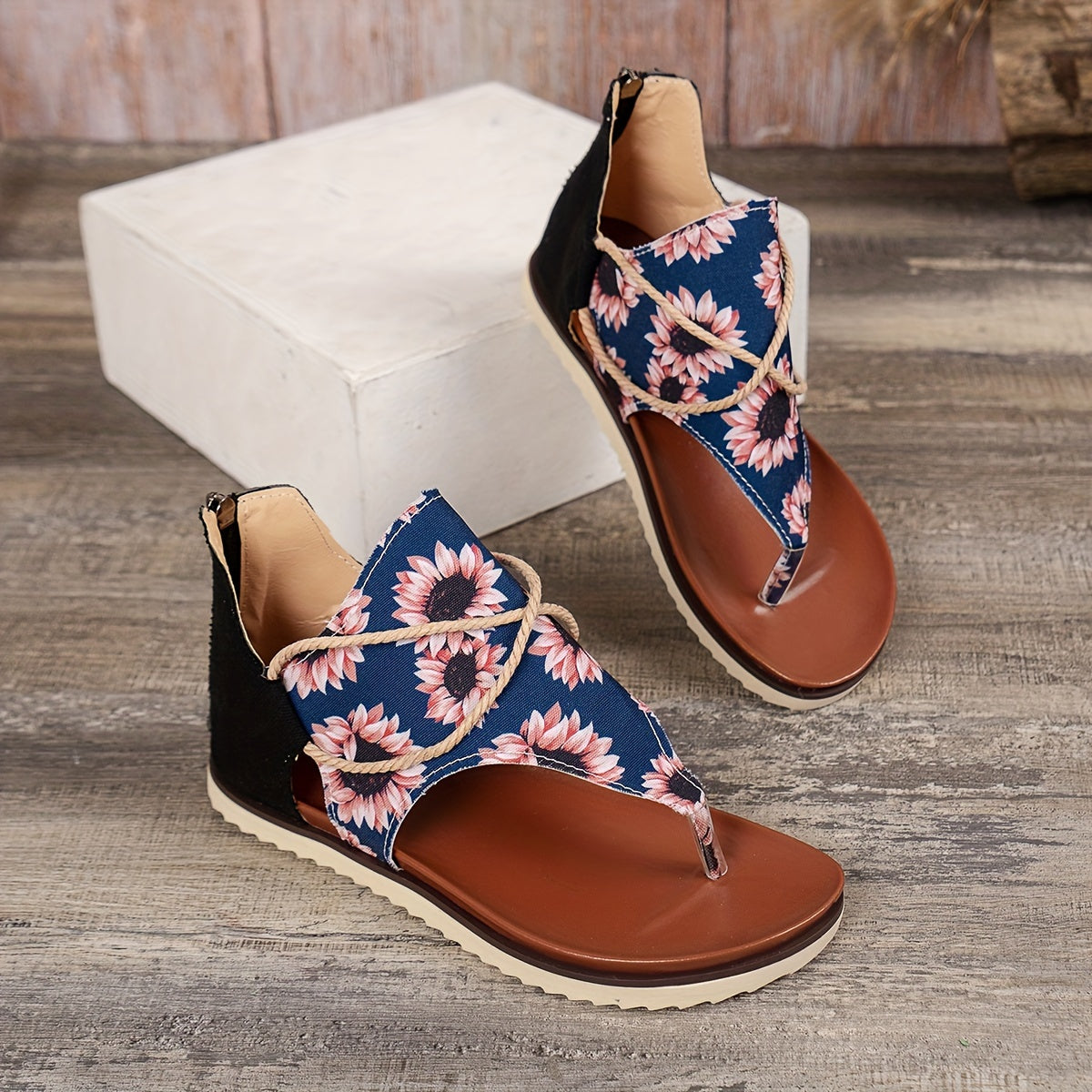 Sunflower Pattern Thong Sandals Bohemian Style Beach Sandals for Women