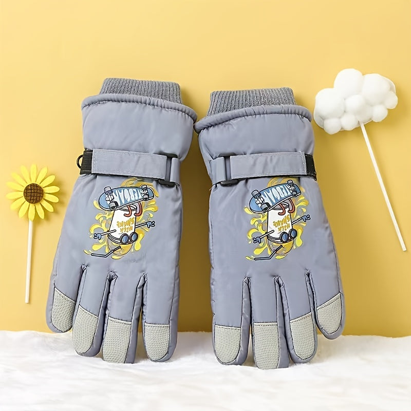 Kids' Warm Waterproof Cartoon Cycling Gloves, Ages 8-11