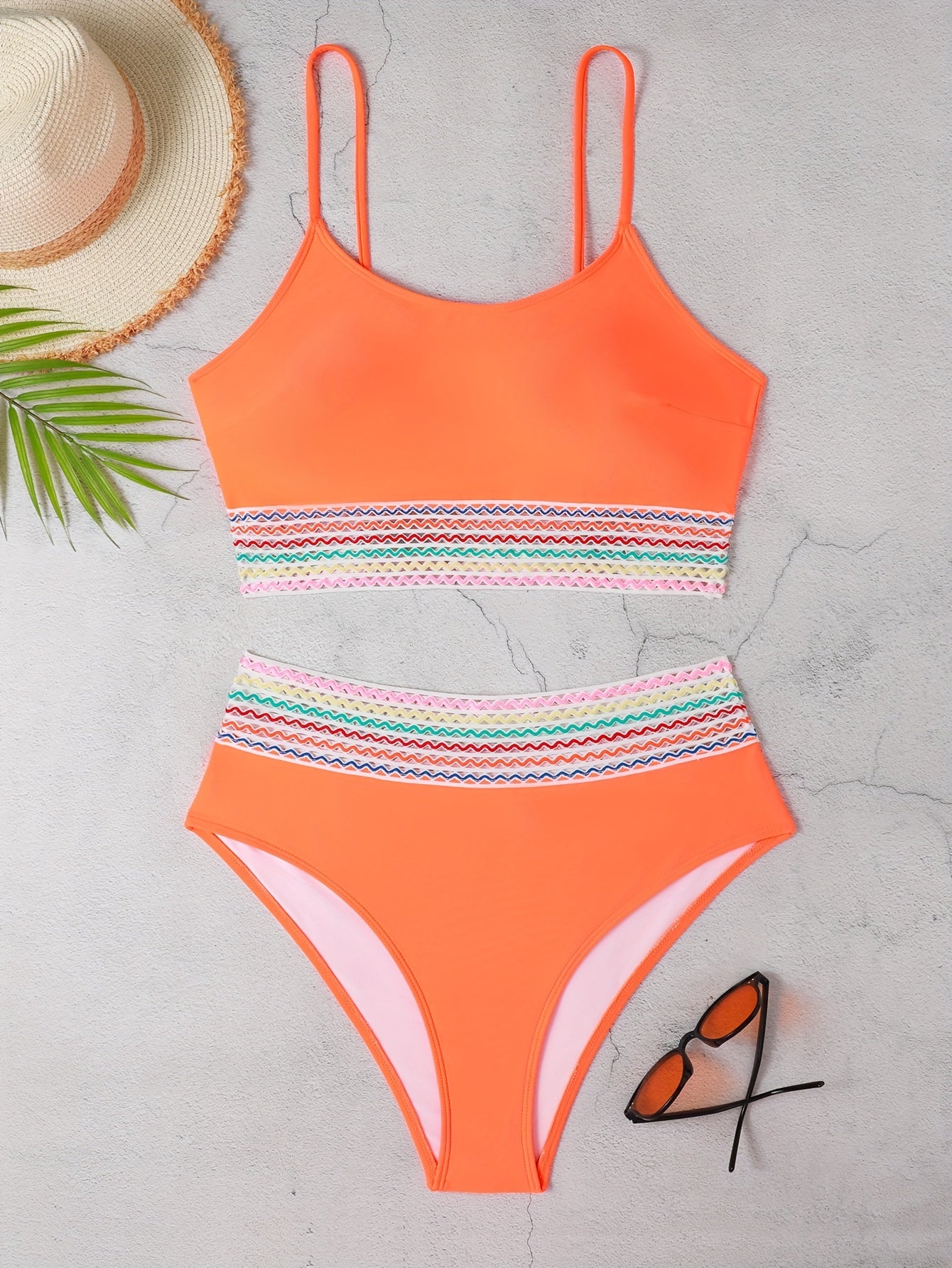 Modest Bikini Set Contrast Trim Longline Bra & High Waisted Pant