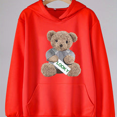 Girls Bear Print Hoodie Kids Casual Pullover Hooded Top
