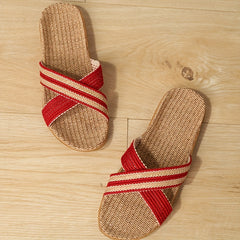 Women's Linen Cross Strap Slides - Breathable Flat Shoes
