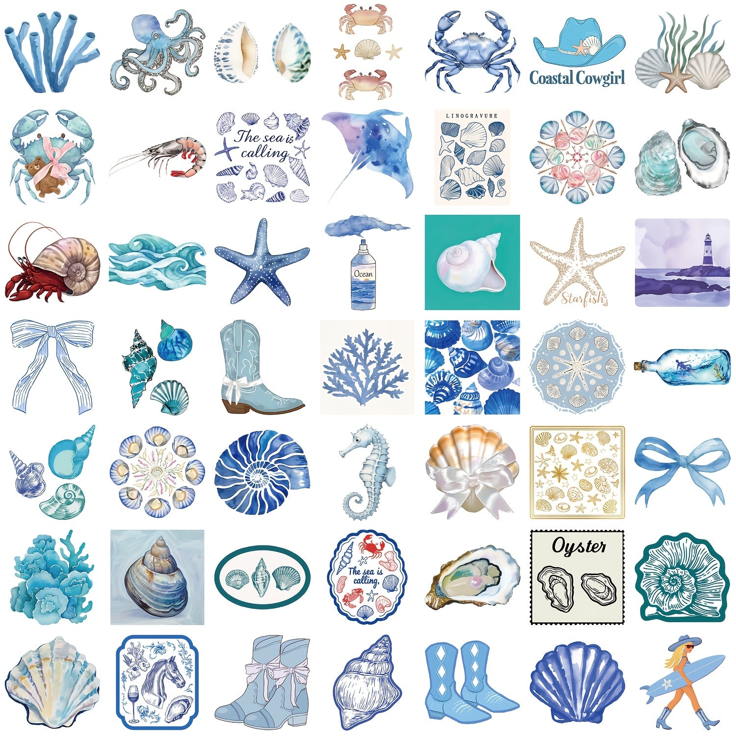 50pcs Coastal Girl Vinyl Stickers - Ocean & Marine Themed Decals