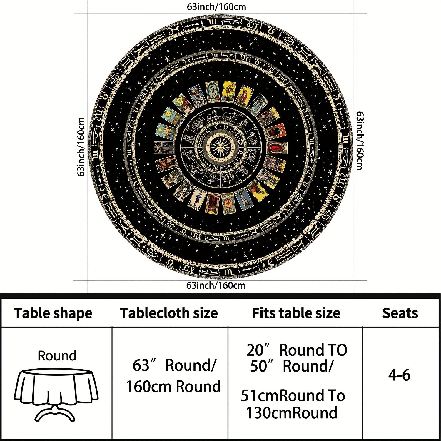 Tarot Round Tablecloth 63 Inch Boho Table Cloth Divination Tarot Pattern