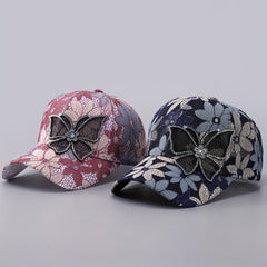 Flower Embroidery Baseball Cap Rhinestone Butterfly Patch Sunshade Dad Hat
