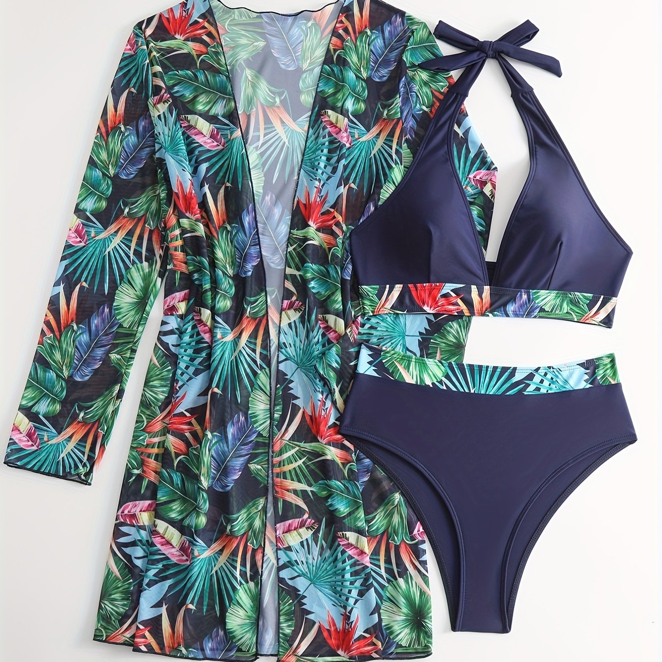 Tropical Leaf Print Halter Bikini Set with Cover Up