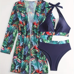 Tropical Leaf Print Halter Bikini Set with Cover Up